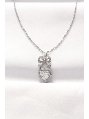 Bfs 316L Çelik Silver Renk Zirkon Taşlı Kalpli Fiyonk Kolye