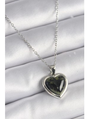 Bfs 316L Çelik Gümüş Renk Yeşil Mineli Kalp Model Kadın Kolye