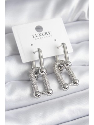 Bfs Pirinç Gümüş Renk Zirkon Taşlı Model Vıp Seri Kadın Küpe