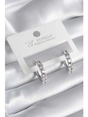 Bfs Pirinç Gümüş Renk Zirkon Taşlı Halka Model Kadın Küpe