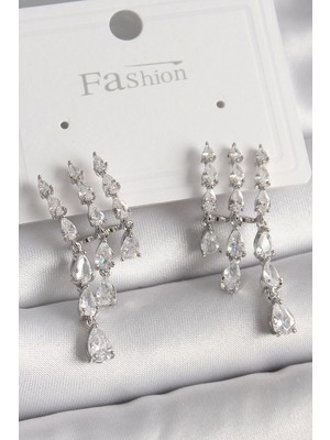 Bfs Pirinç Gümüş Renk Zirkon Taşlı Yağmur Model Kadın Küpe