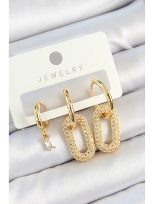 Bfs Pirinç Zirkon Taşlı Dikdörtgen Model Gold Renk 3'lü Çift Kadın Küpe Set