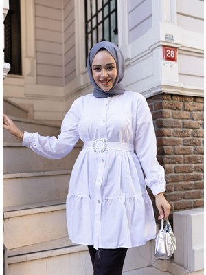 Harma Time Butik Kadın Düğmeli Kemer Detaylı Beyaz Gömlek