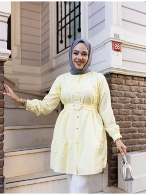 Harma Time Butik Kadın Düğmeli Kemer Detaylı Sarı Gömlek