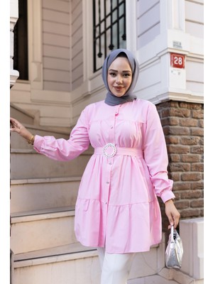 Harma Time Butik Kadın Düğmeli Kemer Detaylı Pembe Gömlek
