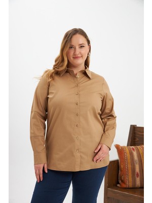 Kol Kroşeta Detaylı Büyük Beden Gömlek Vizon