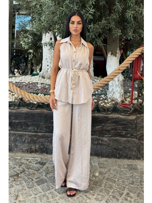 Çizgili Kolsuz Gömlek ve Bol Paça Pantolon 1253