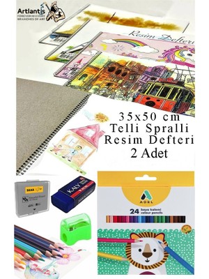 24 Renk Kuru Boya Adel 35X50 cm Telli Spralli Resim Defteri Hamur Silgi Kalemtraş 15 Yaprak Resim Defteri Kuruboya