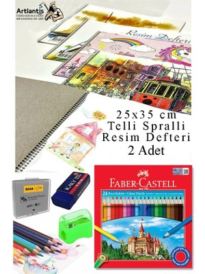 24 Renk Kuru Boya 25X35 cm Telli Spralli Resim Defteri Hamur Silgi Kalemtraş 15 Yaprak Kuruboya Resim Defteri Kuruboya