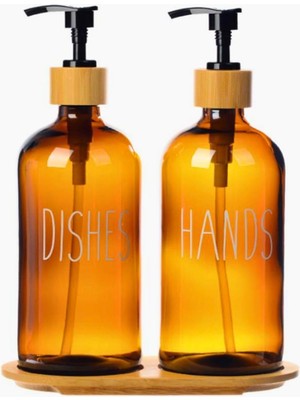 Bambu Standlı Amber Cam Sıvı Sabunluk Seti - 2'li 2 x 475 ml
