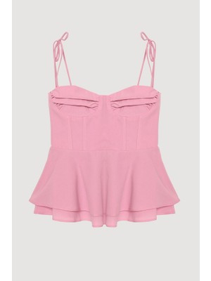 Balenli Bağlama Ip Askılı Bluz Pembe