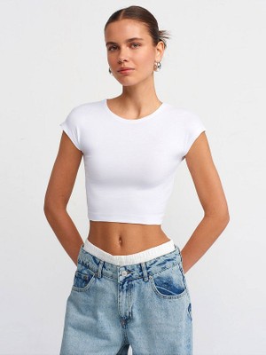 30528 Pamuk ve Modal Karışımlı Crop Top-Beyaz