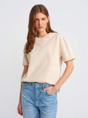 30312 Dekoratif Dikişli Bisiklet Yaka Tshirt-Taş