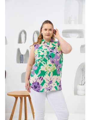 Kadın Gömlek Yaka Desenli Sıfır Kol Büyük Beden Yeşil Viskon Bluz – Hafif, Ferah ve Yazlık Şıklık