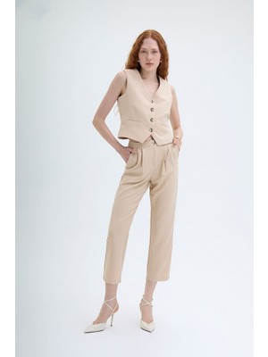 Çift Pileli Jogger Pantolon Bej