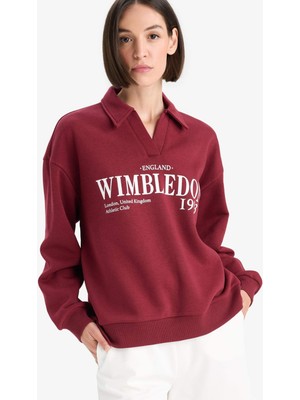 DeFacto Relax Fit Polo Yaka Baskılı Kalın Sweatshirt F1063AX25AU