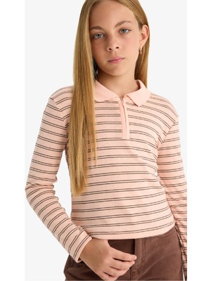DeFacto Slim Fit Dar Kesim Polo Yaka Çizgili Ribana Uzun Kollu Tişört Kız Çocuk F7131A825AU