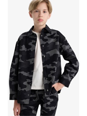 DeFacto Oversize Geniş Kalıp Polo Yaka Kamuflaj Desenli Gabardin Uzun Kollu Gömlek Erkek Çocuk F1507A825AU
