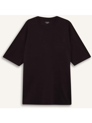 DeFacto Oversize Geniş Kalıp Bisiklet Yaka Ağır Kumaş Basic Düz Kısa Kollu Tişört E9798AX25AU