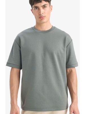 DeFacto Oversize Geniş Kalıp Bisiklet Yaka Ağır Kumaş Basic Düz Kısa Kollu Tişört B6494AX25AU