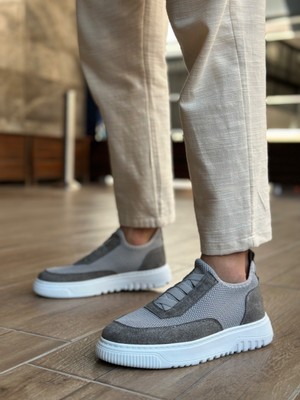 BA0911 Özel Örme Triko Deri Tozu Detaylı Gri Günlük Spor Ayakkabı