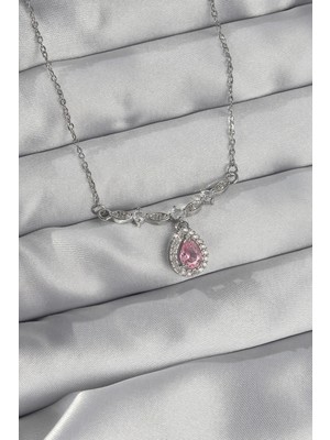 Mey İthalat Bfs 316L Çelik Gümüş Renk Pembe Zirkon Taşlı Damla Kolye
