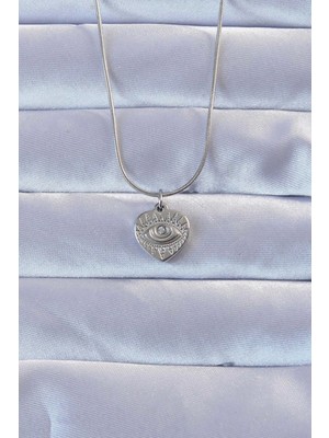 Mey İthalat Bfs 316L Gümüş Renk Zirkon Taşlı Işlemeli Göz Detay Kalp Kolye