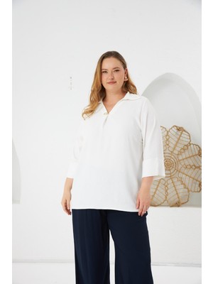 Yaka Aksesuar Detaylı Büyük Beden Bluz Ekru