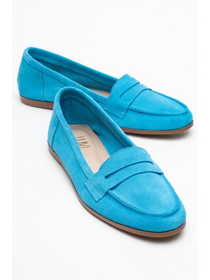 F02 Açık Mavi Süet Hakiki Deri Kadın Loafer Ayakkabı