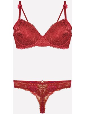 Kadın Bordo Destekli Dantelli Büstiyer Takım Set 4430