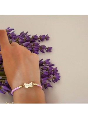 14 Ayar Altın Plakalı Atatürk Imzası Temalı Pembe Derili Kelebek Motifli Hediye BILEKLIK-429SEMBOL