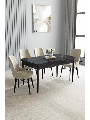 Loft Siyah Mermer 80X132 Açılabilir Mdf Masa Yemek Odası Takımı, Mutfak Takımı 4 Adet Sandalye