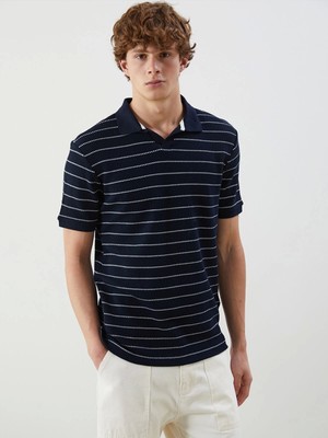 Xsıde Lacivert Polo Yaka Çizgili Erkek Dokulu Tişört