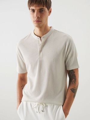 Lcw Vision Bej Hakim Yaka Desenli Düğmeli Erkek Dokulu Tişört