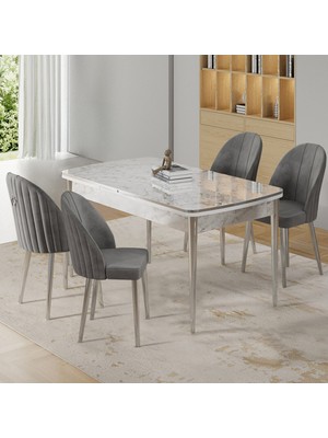 Rada Serisi 80X132 Açılabilir Lak Panel Beyaz Mermer Desen Masa 4 Gri Sandalye Krom Detay