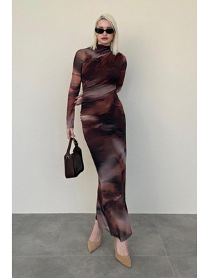 Kahverengi Desenli Uzun Kollu Tül Elbise MG2008