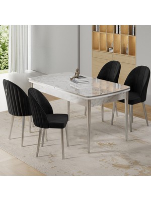 Rada Serisi 80X132 Açılabilir Lak Panel Beyaz Mermer Desen Masa 4 Siyah Sandalye Krom Detay