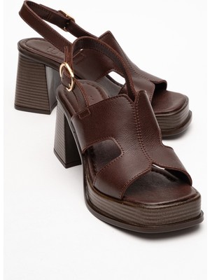 Kevın Kahverengi Cilt Hakiki Deri Kadın Platform Topuklu Sandalet