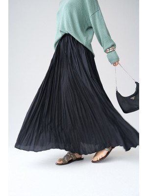 Yüksek Bel Piliseli Uzun Etek Siyah