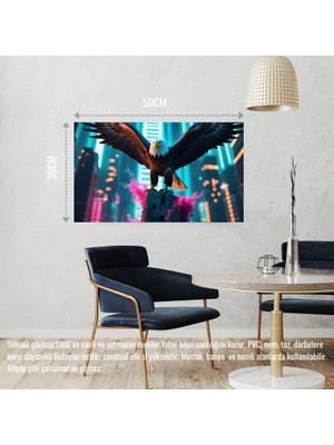 Kartal Fütüristik Bir Şehirde Neon Parıltı Stili 08 Çerçevesiz 50X30 cm Pvc Tablo