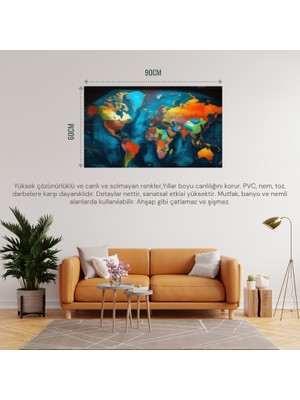 Dünya Harita Tablosu 03 Çerçevesiz 90X60CM Pvc Tablo