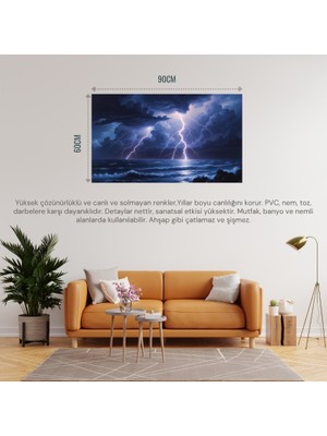 Doğa ve Manzara Yatay Okyanus Üzerindeki Şimşek Fırtınası 04 Çerçevesiz 90X60CM Pvc Tablo