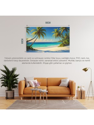 Doğa ve Manzara Yatay Palmiye Ağaçları Turkuaz Deniz Kum ve Huzurlu Berrak Gökyüzü 04 Çerçevesiz 90X60CM Pvc Tablo