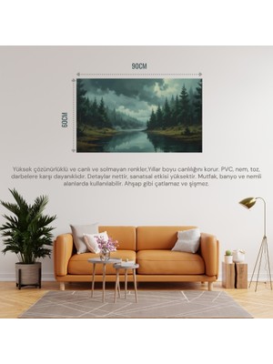 doğa ve manzara yatay yoğun ağaçlar ve gizli göl, sisli vadi,  ruh hali soluk renkler 02 çerçevesiz 90x60cm pvc tablo