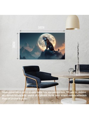 Kaplan Sisli Bir Dağda Aya Kükrüyor 01 Çerçevesiz 50X30 cm Pvc Tablo