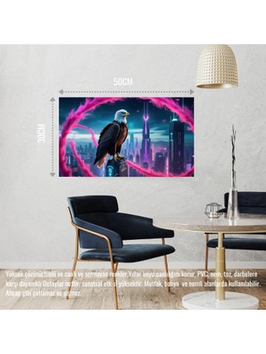 Kartal Fütüristik Bir Şehirde Neon Parıltı Stili 02 Çerçevesiz 50X30 cm Pvc Tablo