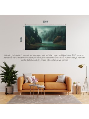 doğa ve manzara yatay yoğun ağaçlar ve gizli göl, sisli vadi,  ruh hali soluk renkler 03 çerçevesiz 90x60cm pvc tablo
