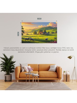 Doğa ve Manzara Yatay Küçük Çiftlik Evi Yeşil Tepeler, Çiçek Açmış Tarlalar Doğa ve Huzur 02 Çerçevesiz 90X60CM Pvc Tablo