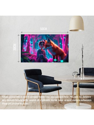 Tilki Neon Ormanda Bir Insanla Etkileşim Mistik 04 Çerçevesiz 50X30 cm Pvc Tablo