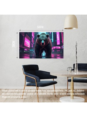 Siber Punk Dünyasında Heybetli Duran Ayı Neon Işıklar Altında 07 Çerçevesiz 50X30 cm Pvc Tablo